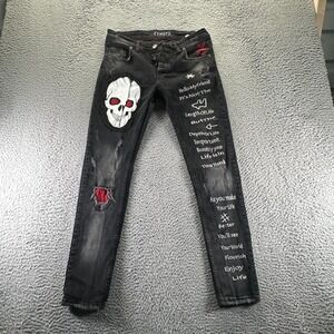 XWay Jeans Mens 32x31 Black Cotton Denim Skinny Skull Gothic Emo Hippie Faded